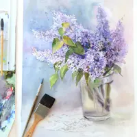 Мастер-класс по рисованию сирени, стеклянной вазы и кружева акварелью