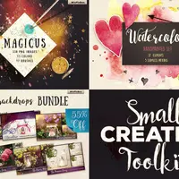 Креативный набор: Красочная пыль, кисти, акварель и PSD шаблоны