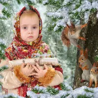 Коллаж: Белки зима, корзина и орехи