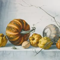 Тыквы на мешковине акварелью