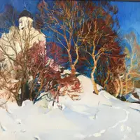 Зимний пейзаж с деревьями маслом