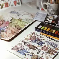 Новогодняя коллекция. Рисуем персонажа и предметы в винтажном стиле акварелью