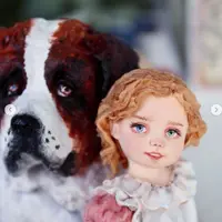 Ватная игрушка: Девочка и сенбернар