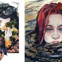 Женский портрет акварелью и поталью