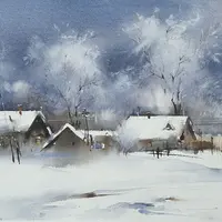 Зима в деревне. Пейзаж акварелью