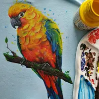 Роспись по ткани: Замша попугаи и одуванчики