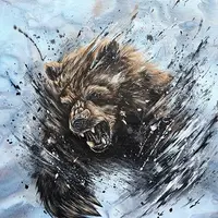 Роспись по ткани: Медведь, девушка с волком и киты