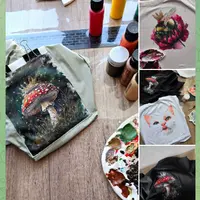 Роспись по ткани: Мухомор, шмель, котик