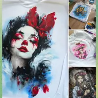 Роспись по ткани: Девушка с медведем, розовые мухоморы, тигр с уточками